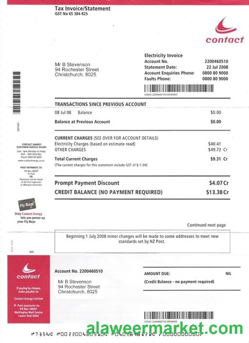 New Zealand Electricity utility bill PSD
